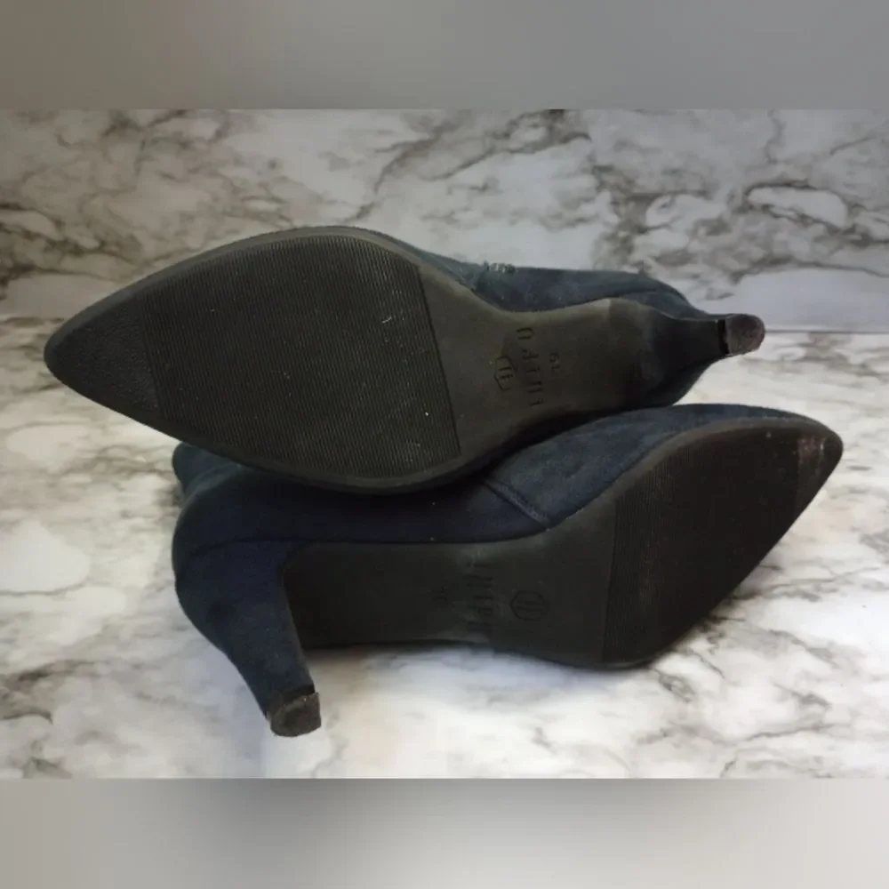 IDIFU Navy Blue Ankle Boots With Buckles Zip Closure Skinny Heel Size 10